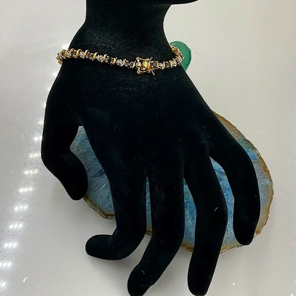 7 1/2” 12KGoldOver Sterling Silver(925) Midnight Blue Sapphire&Diamond Bracelet - Picture 1 of 6